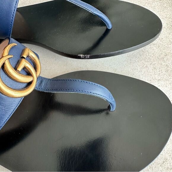 Gucci GG Marmont Sandals Navy Blue Leather Thong Flats Flip Flops EU 39.5 US 9.5 - Picture 6 of 12